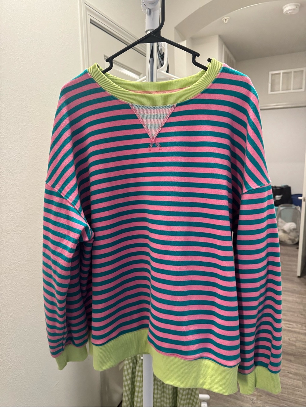 Amazon Pink and Teal Striped Crewneck Sweatshirt with Lime Trim